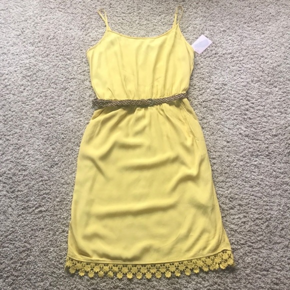 Yellow Spaghetti Strap Floral Embroidered Belted Mini Dress Size M - Picture 1 of 5